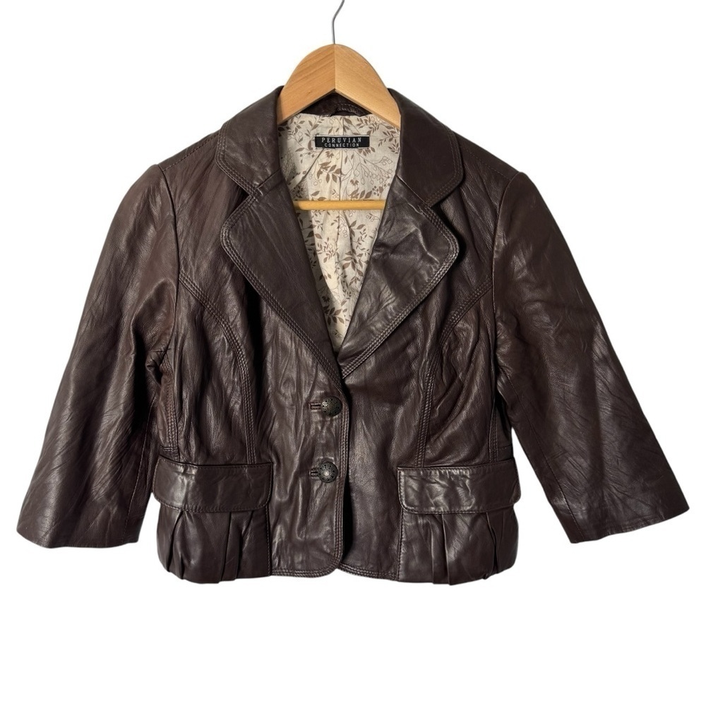 Peruvian Connection Cropped Leather Jacket Sz S Brown SOFT Preppy Parisian EUC